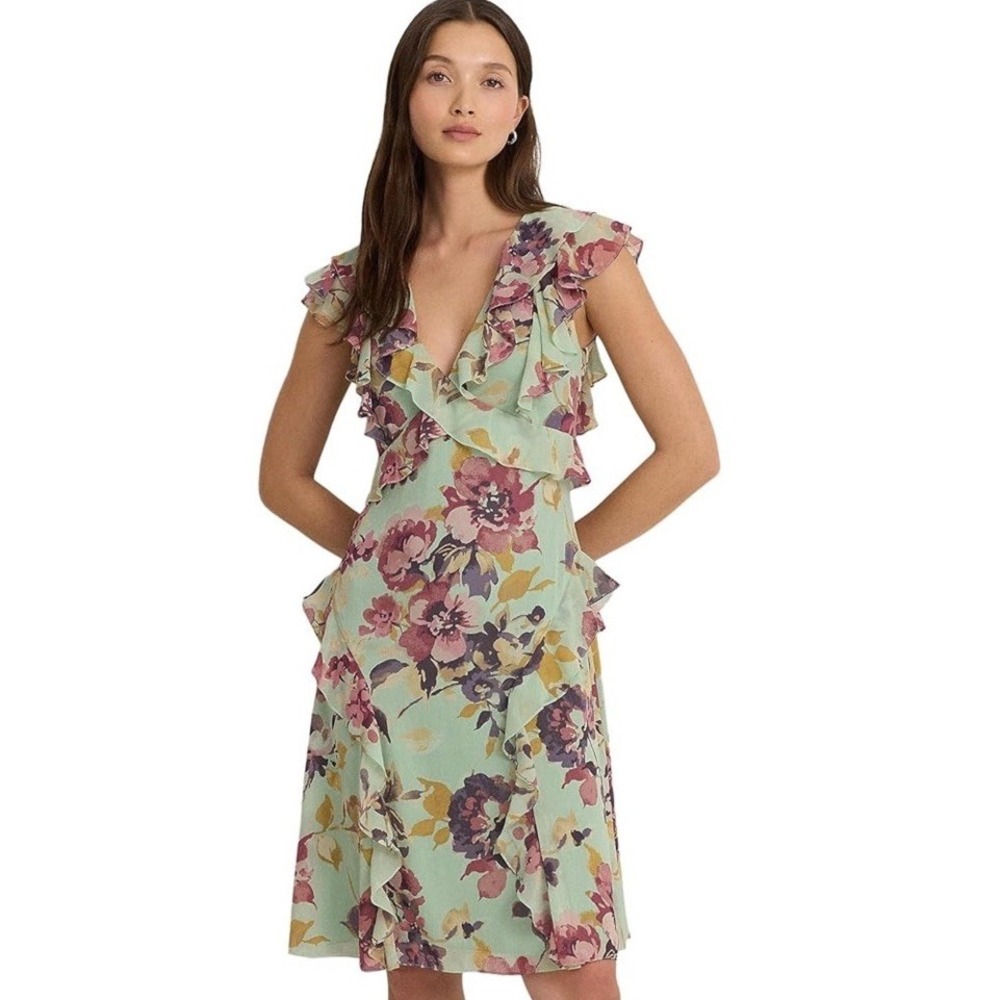Lauren Ralph Lauren Floral Ruffle Trim Georgette Dress Lined A Line Size 4 NWT